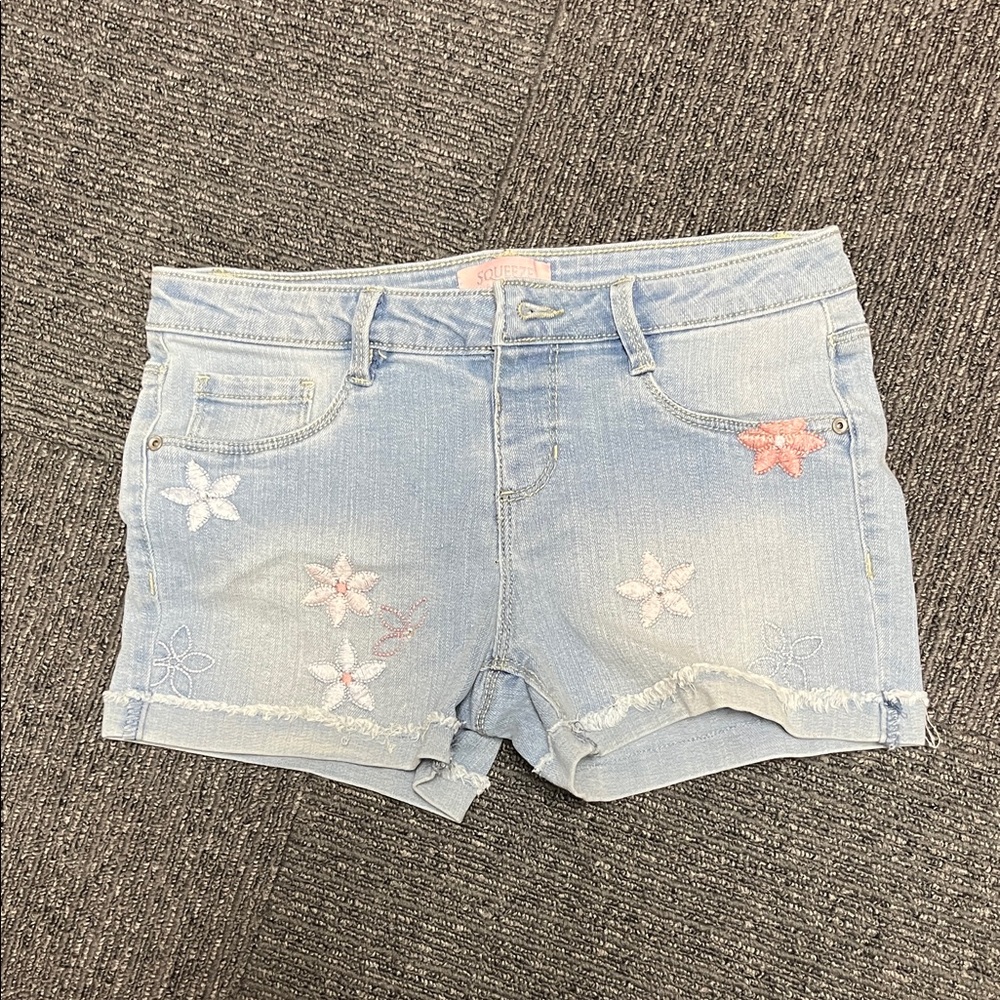 Light Blue Embroidered Denim Shorts - Women's